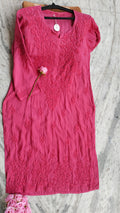 French wine LVW Fashions long kurti in soft modal cotton with intricate handmade Lucknow Chikankari embroidery.