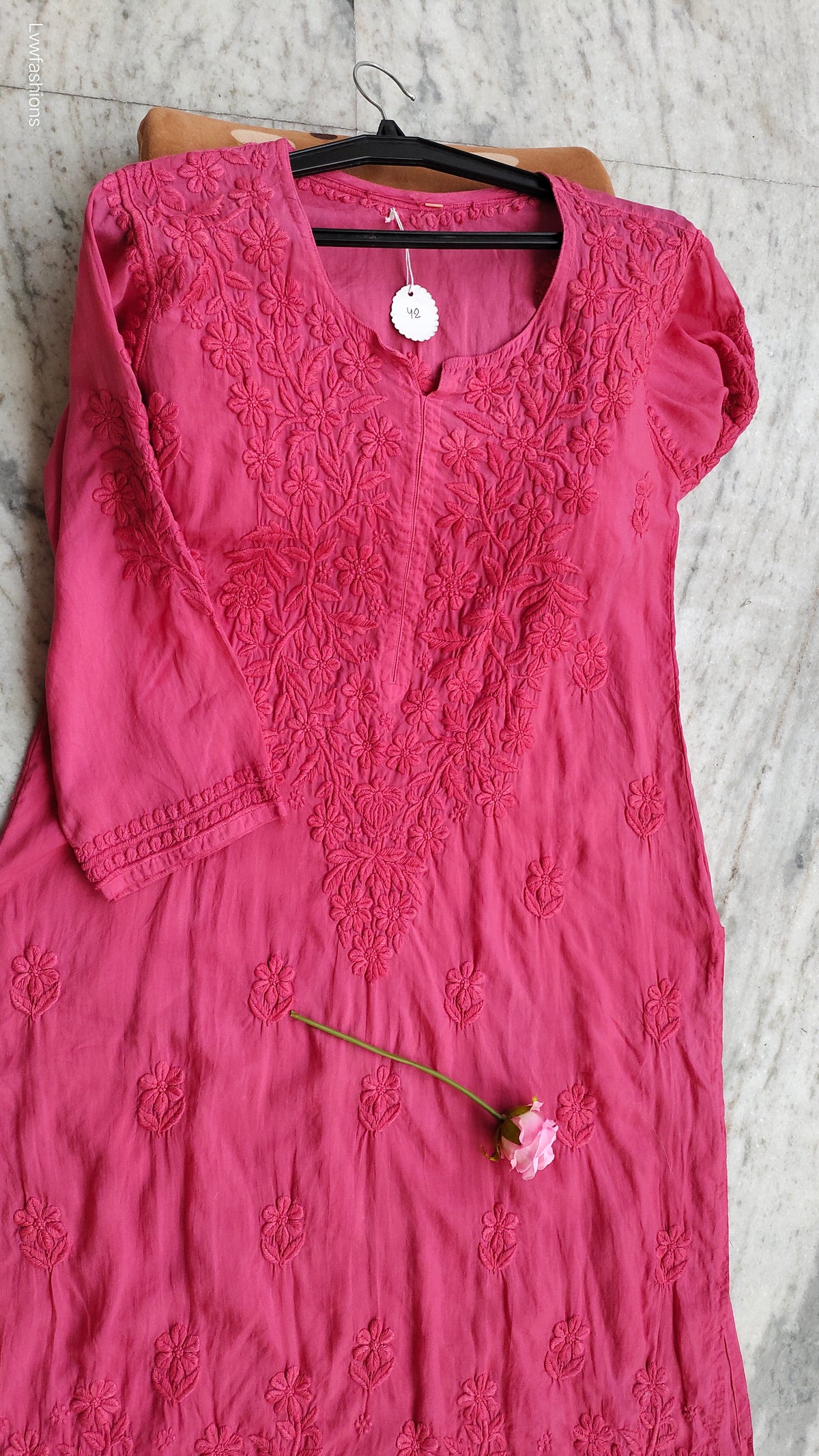Handmade French wine long kurti with soft modal cotton fabric and intricate Lucknow chikankari embroidery by LVW Fashions.