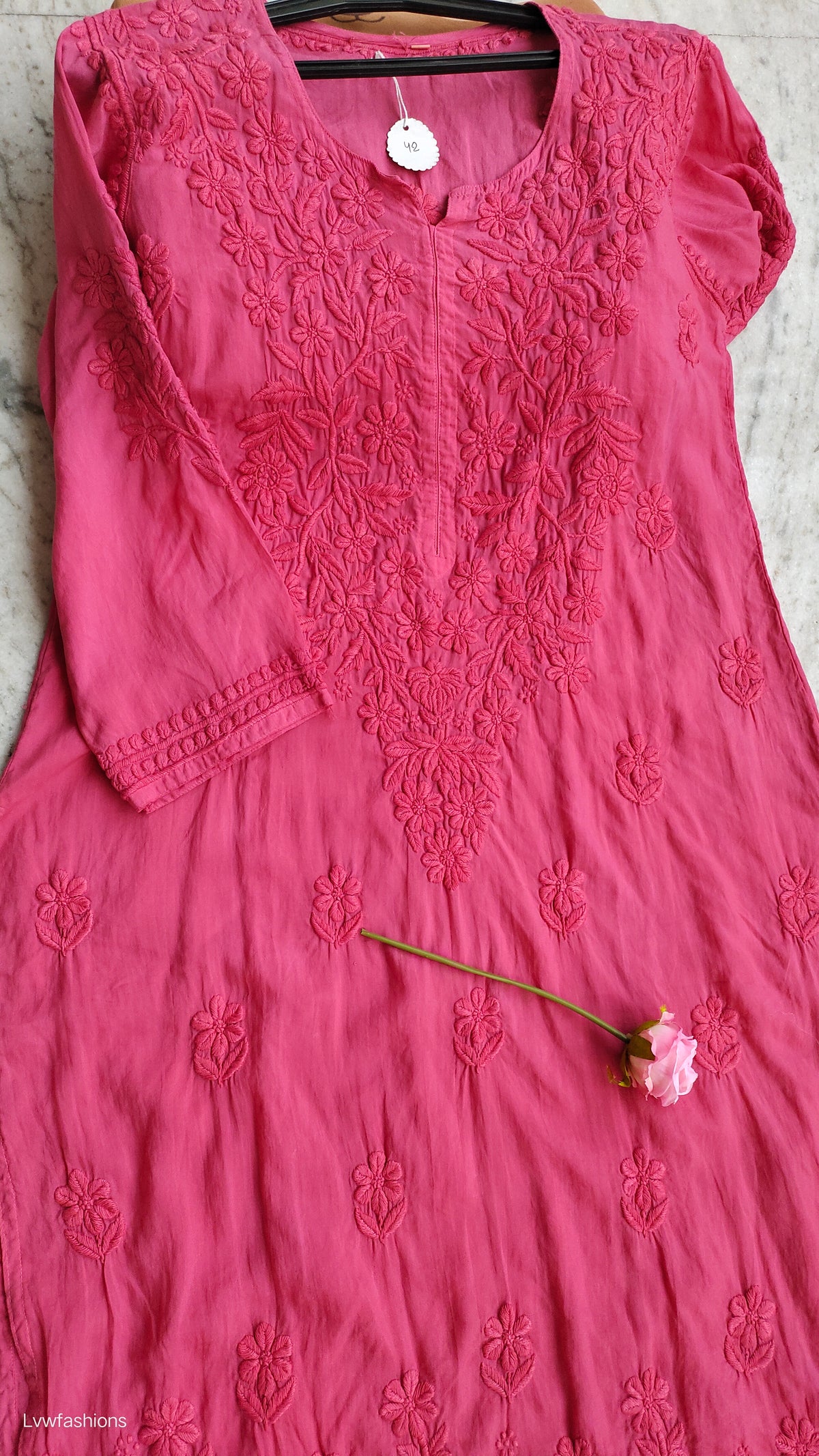 French wine-colored long chikankari kurti by LVW Fashions, made of soft modal cotton with intricate handmade Lucknow embroidery.