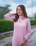 Full front view of LVW Fashions luxurious georgette Chikankari kurta with intricate full jaal embroidery, handmade in Lucknow.