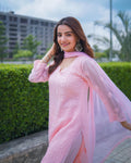 Full front view of LVW Fashions luxury Georgette Chikankari kurta with intricate Lucknow-style floral jaal embroidery.