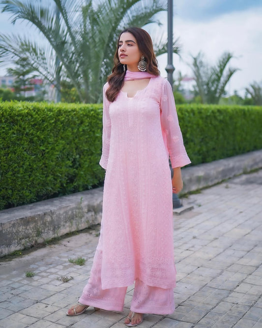 Luxurious full front jaal georgette Chikankari kurta by LVW Fashions, handcrafted Lucknow Chikankari design, in a premium set.
