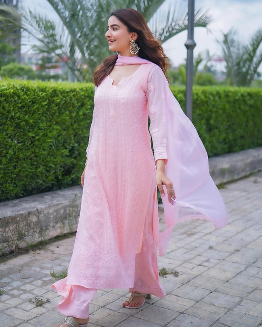 Luxury full front jaal Georgette Chikankari kurta by LVW Fashions, handcrafted Lucknow Chikankari in a premium set.