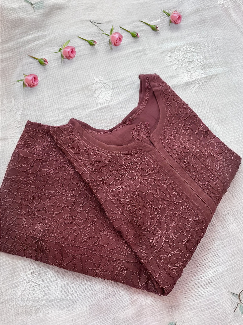 Luxury full front jaal Georgette Chikankari Kurta set by LVW Fashions, featuring intricate Lucknow-style embroidery.