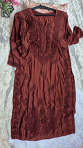 Garnet premium soft silk long kurti with intricate Lucknow chikankari embroidery, handmade by LVW Fashions.