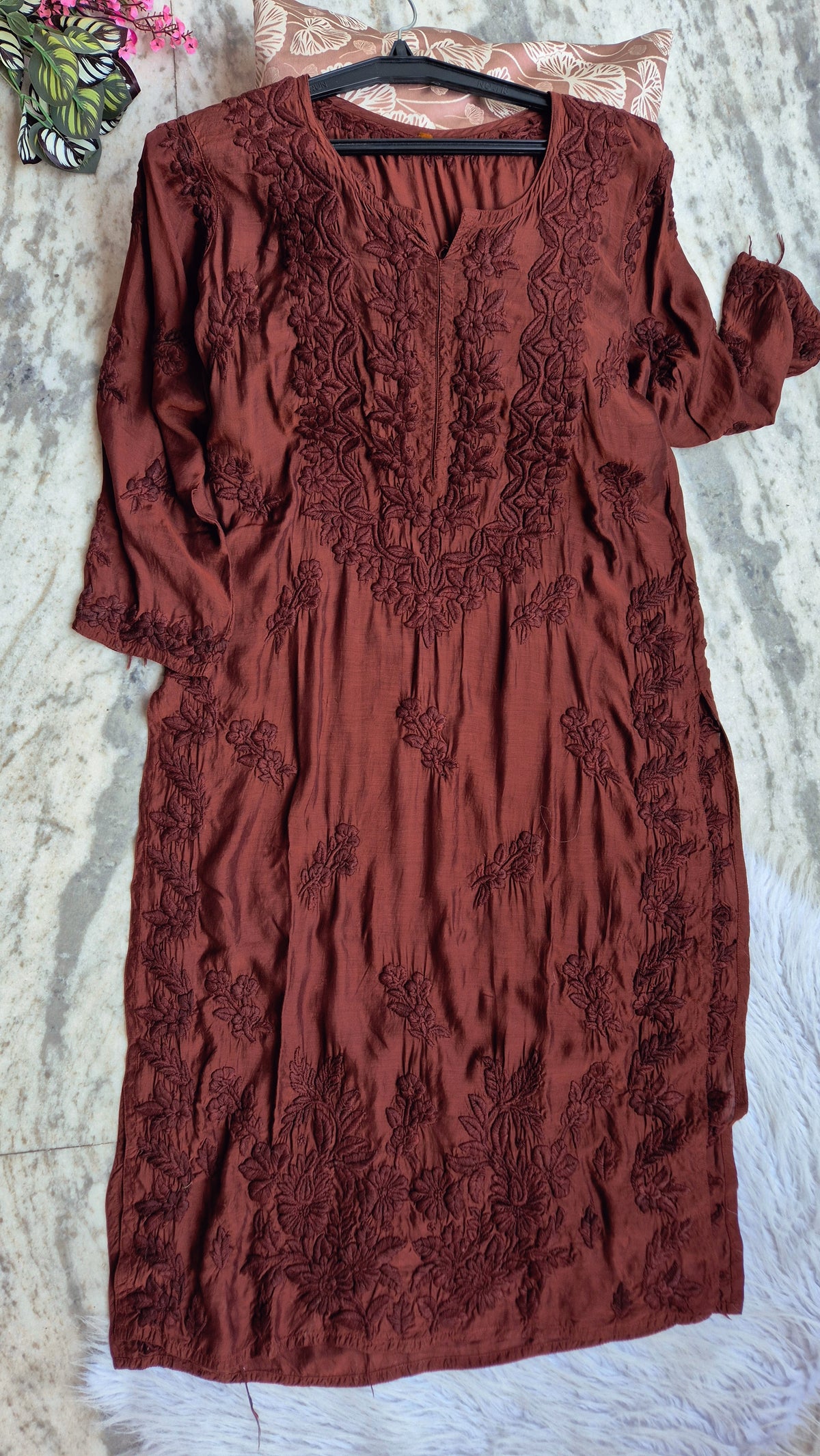 Garnet premium soft silk long kurti with intricate Lucknow chikankari embroidery, handmade by LVW Fashions.