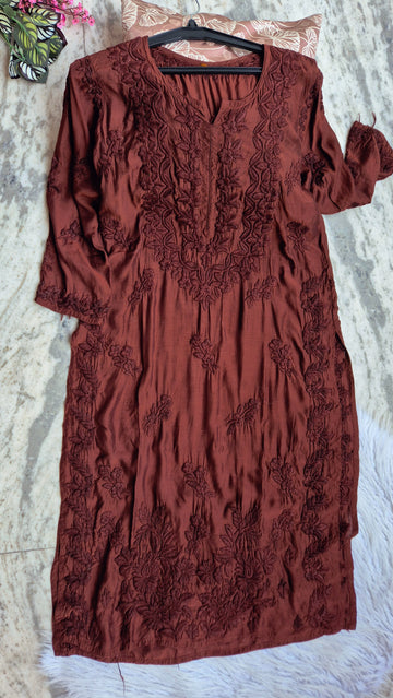Garnet premium soft silk long kurti with intricate Lucknow chikankari embroidery, handmade by LVW Fashions.