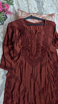 Garnet soft silk long kurti by LVW Fashions featuring intricate Lucknow chikankari embroidery, handmade and luxurious.