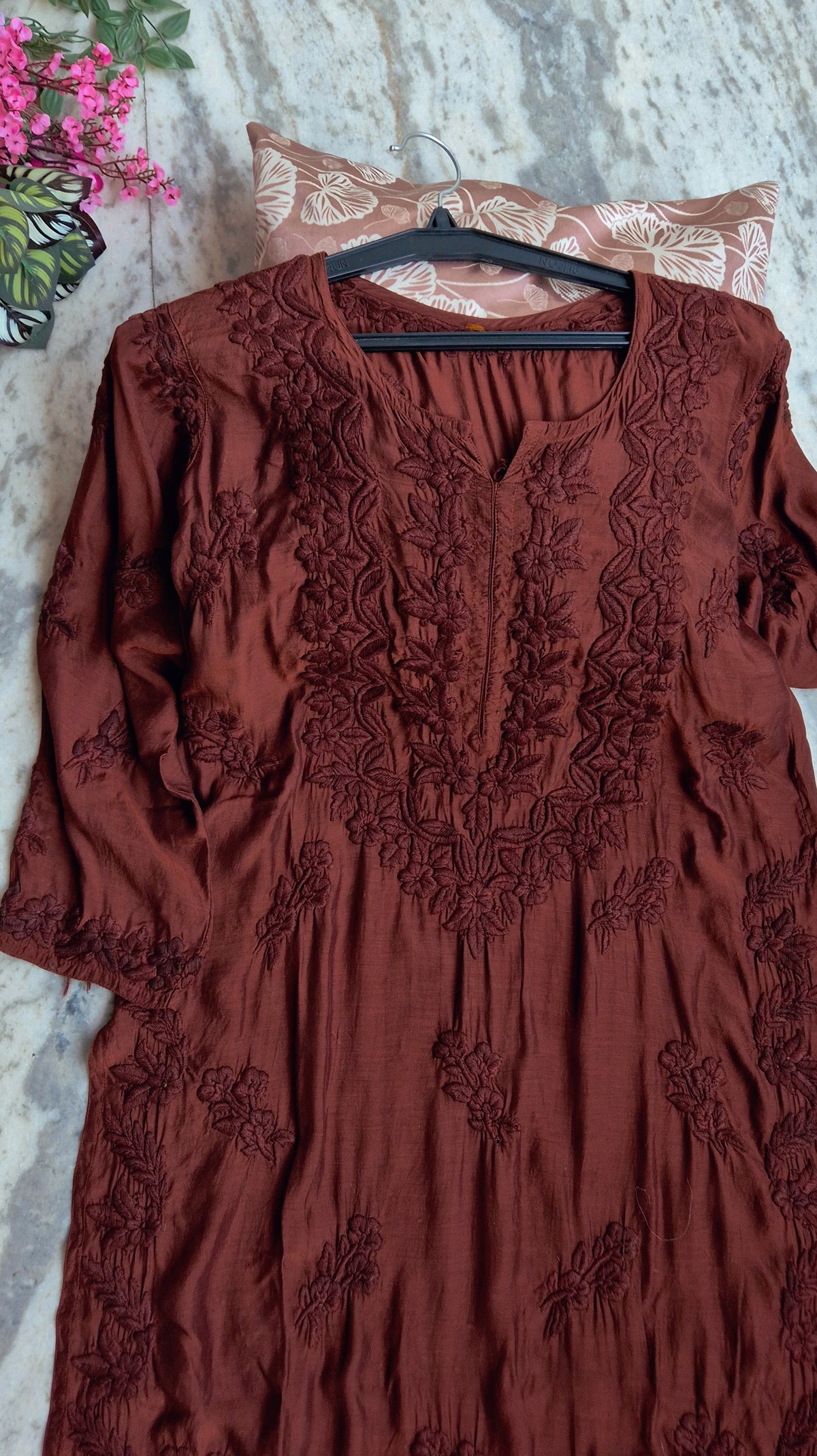 Garnet premium soft silk long kurti with intricate handmade Lucknow chikankari embroidery by LVW Fashions.