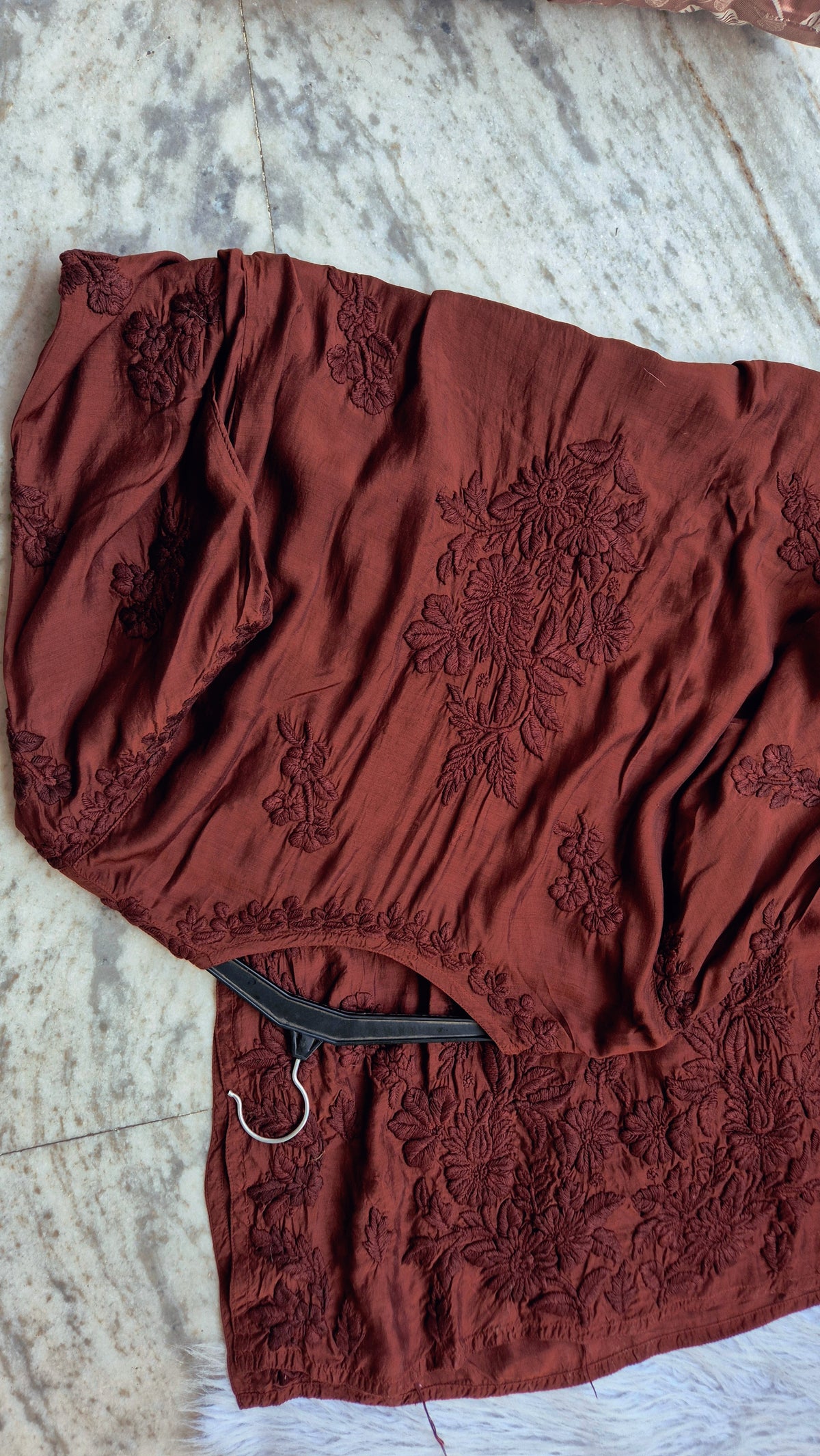 Garnet pink long silk Kurti with intricate Lucknow Chikankari embroidery, handmade by LVW Fashions, soft and luxurious fabric.
