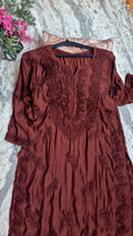Garnet premium soft silk long Kurti with intricate Lucknow Chikankari embroidery by LVW Fashions, handmade traditional Indian attire.