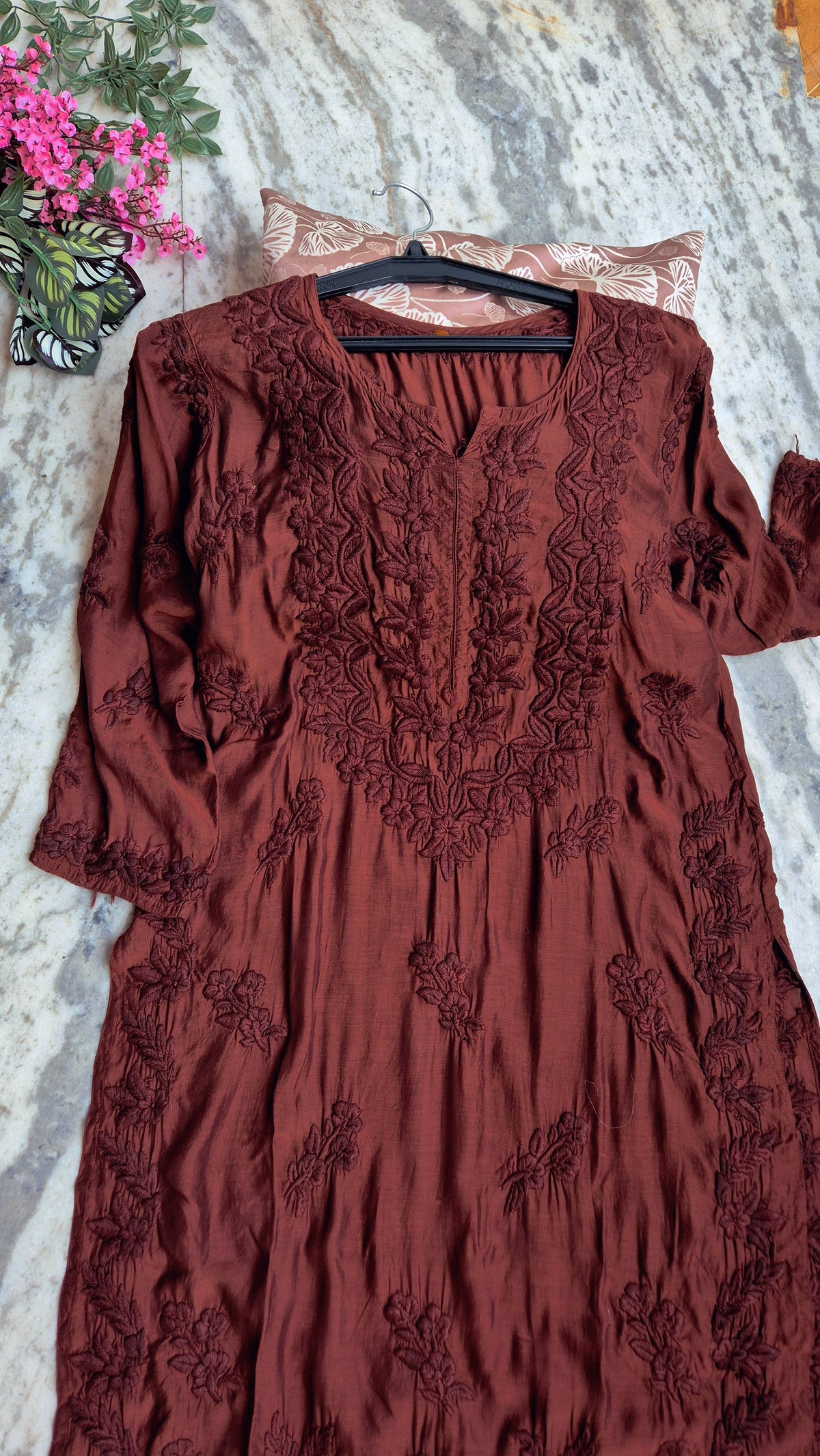 Garnet premium soft silk long Kurti with intricate Lucknow Chikankari embroidery by LVW Fashions, handmade traditional Indian attire.