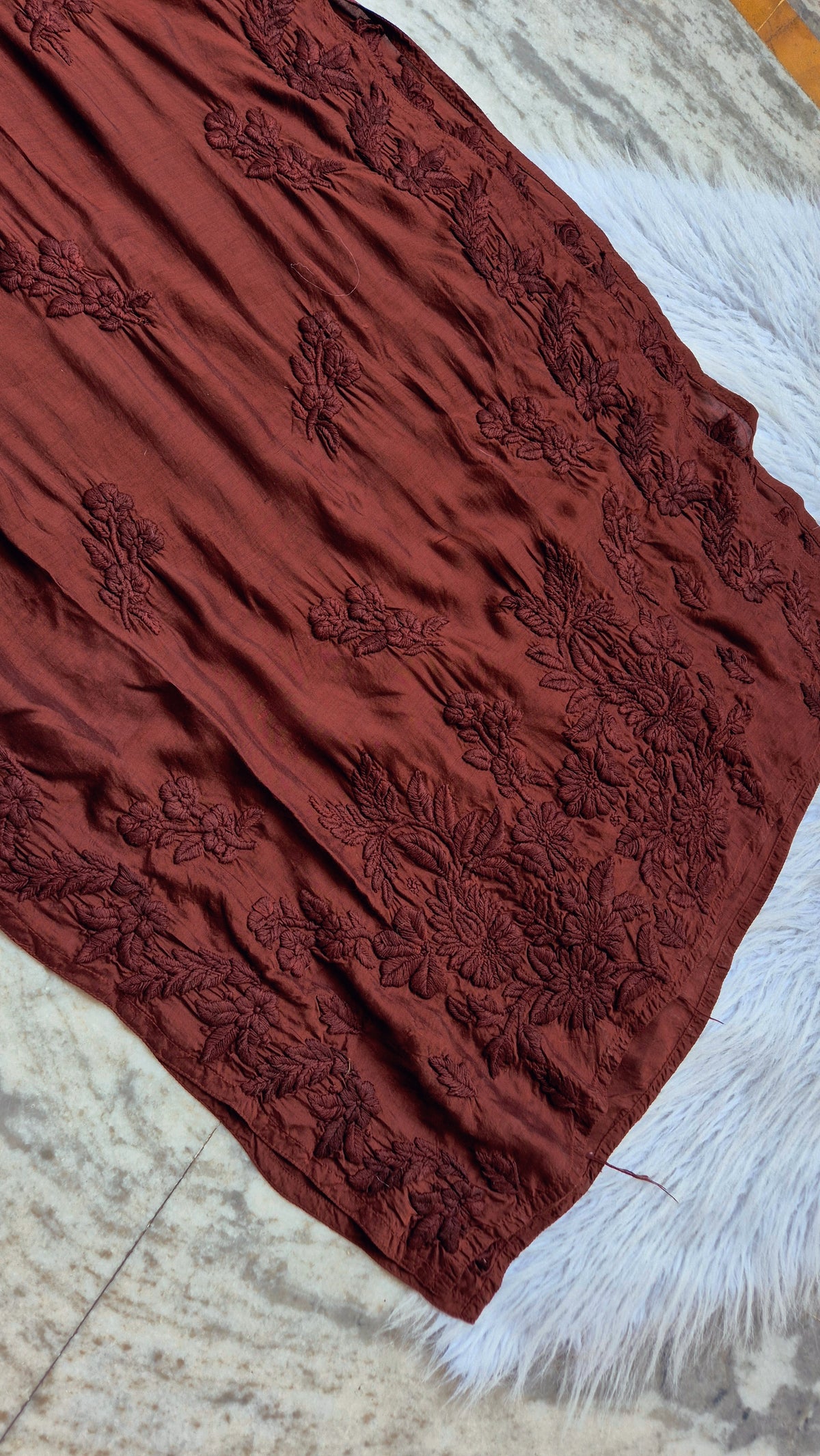 Garnet premium soft silk long kurti with intricate handmade Lucknow chikankari embroidery by LVW Fashions.