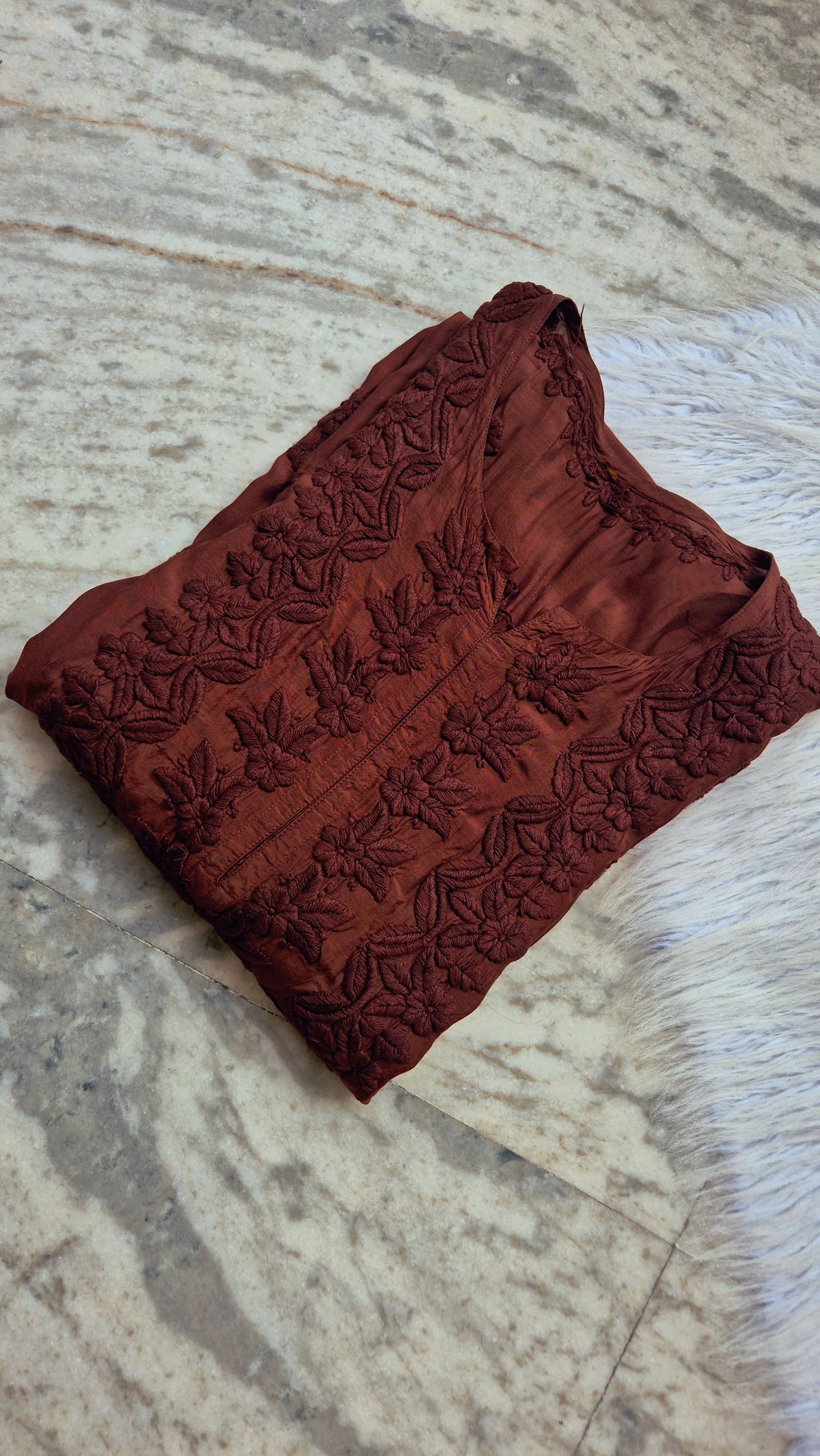 Garnet premium soft silk long kurti with intricate Chikankari embroidery by LVW Fashions, handmade Lucknow Chikankari, XS size.