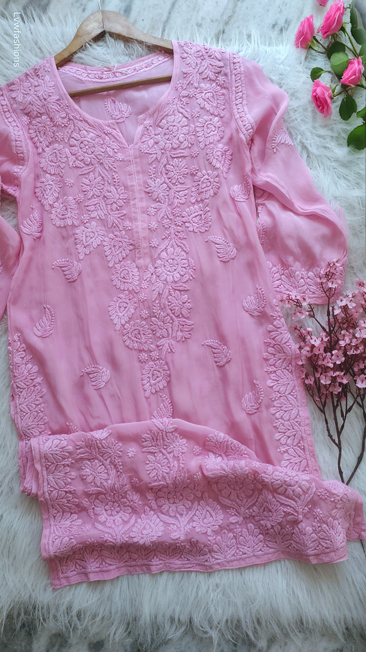Gold Rose premium Mul silk chikankari Kurta by LVW Fashions, featuring intricate handmade Lucknow embroidery and luxurious design.
