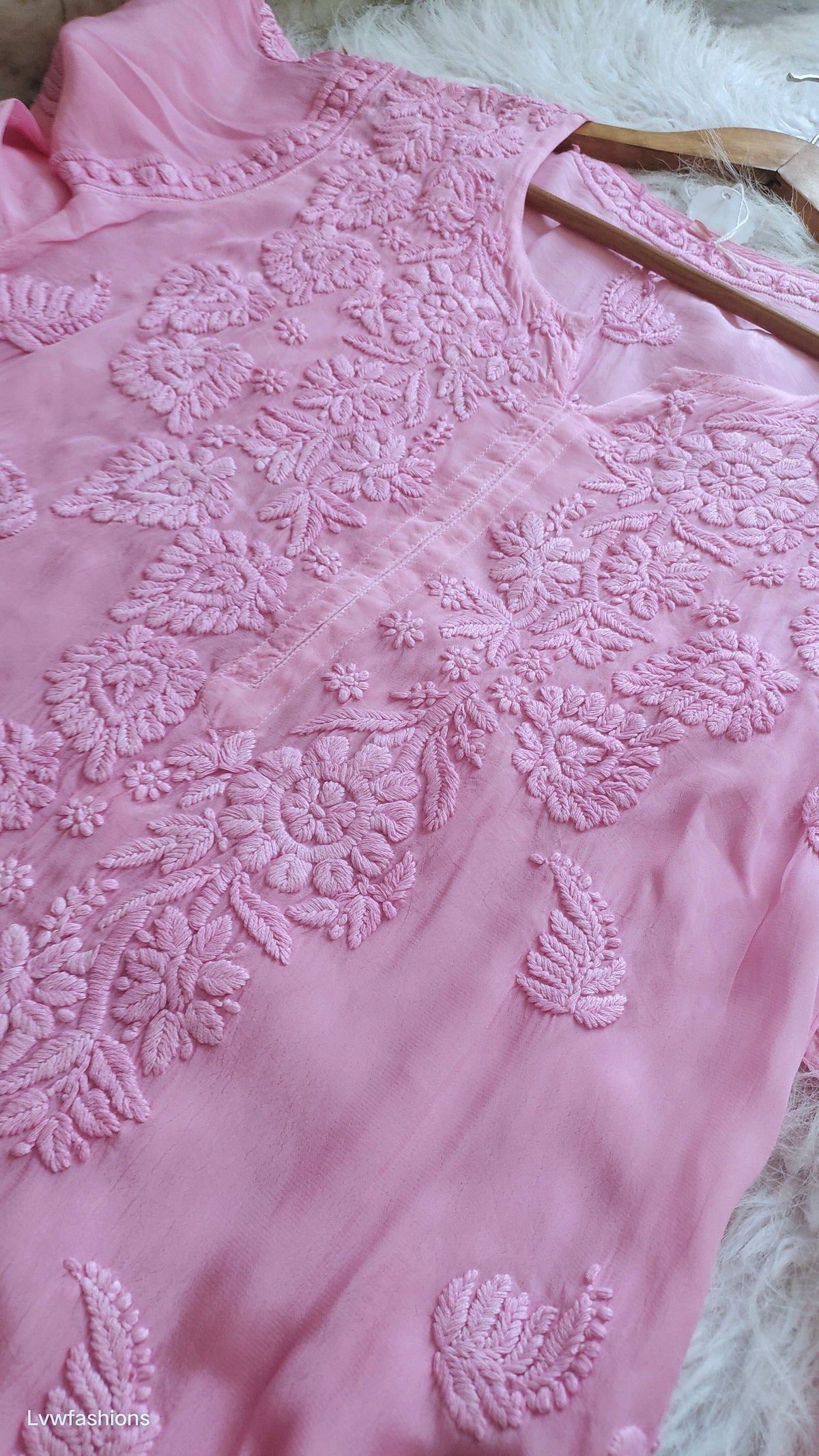 Gold Rose luxury Mul Silk Chikankari Kurta by LVW Fashions, handcrafted in Lucknow with intricate embroidery.