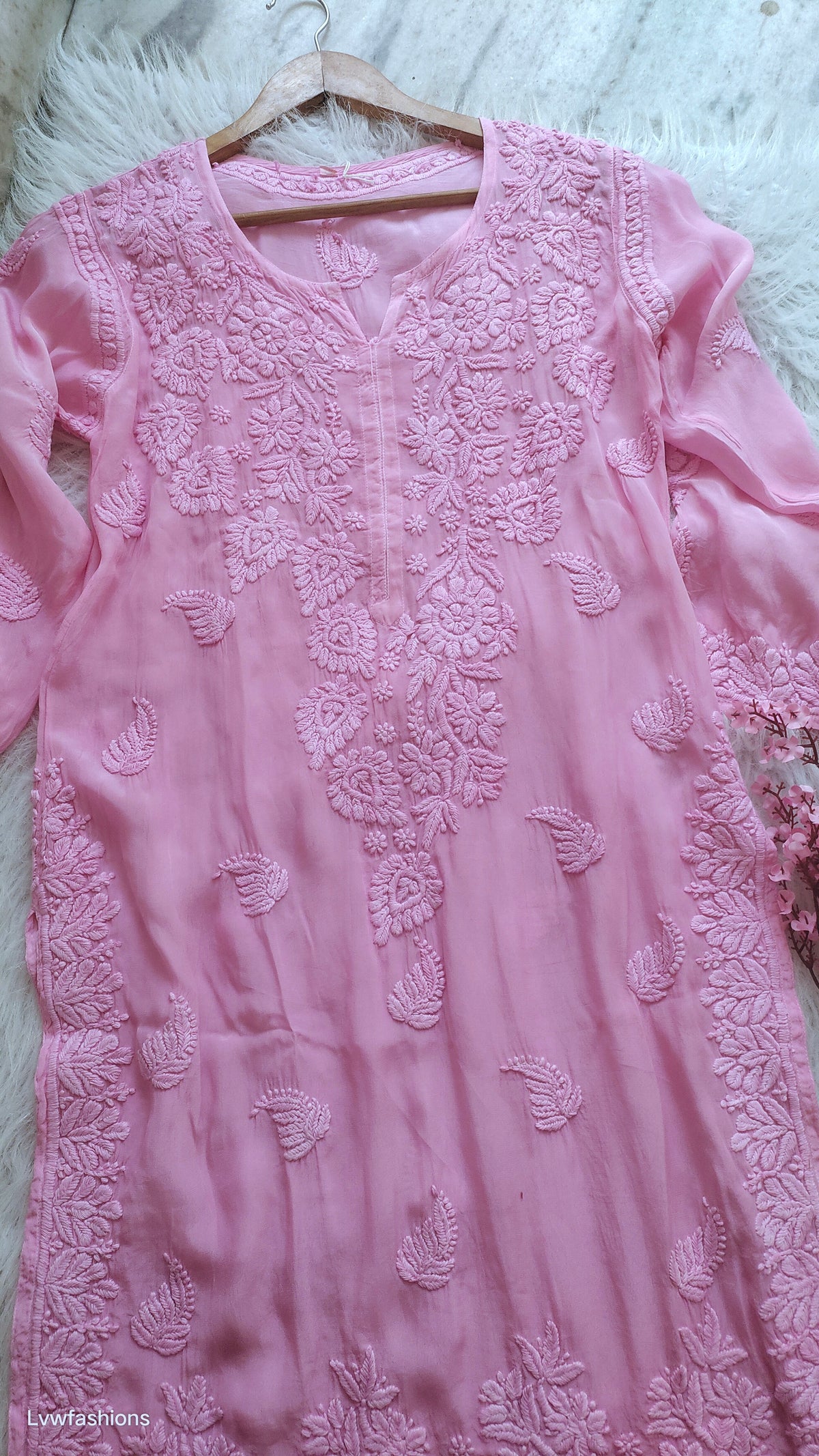 Gold Rose premium mul silk Chikankari Kurta by LVW Fashions, handcrafted Lucknow chikankari with intricate embroidery.
