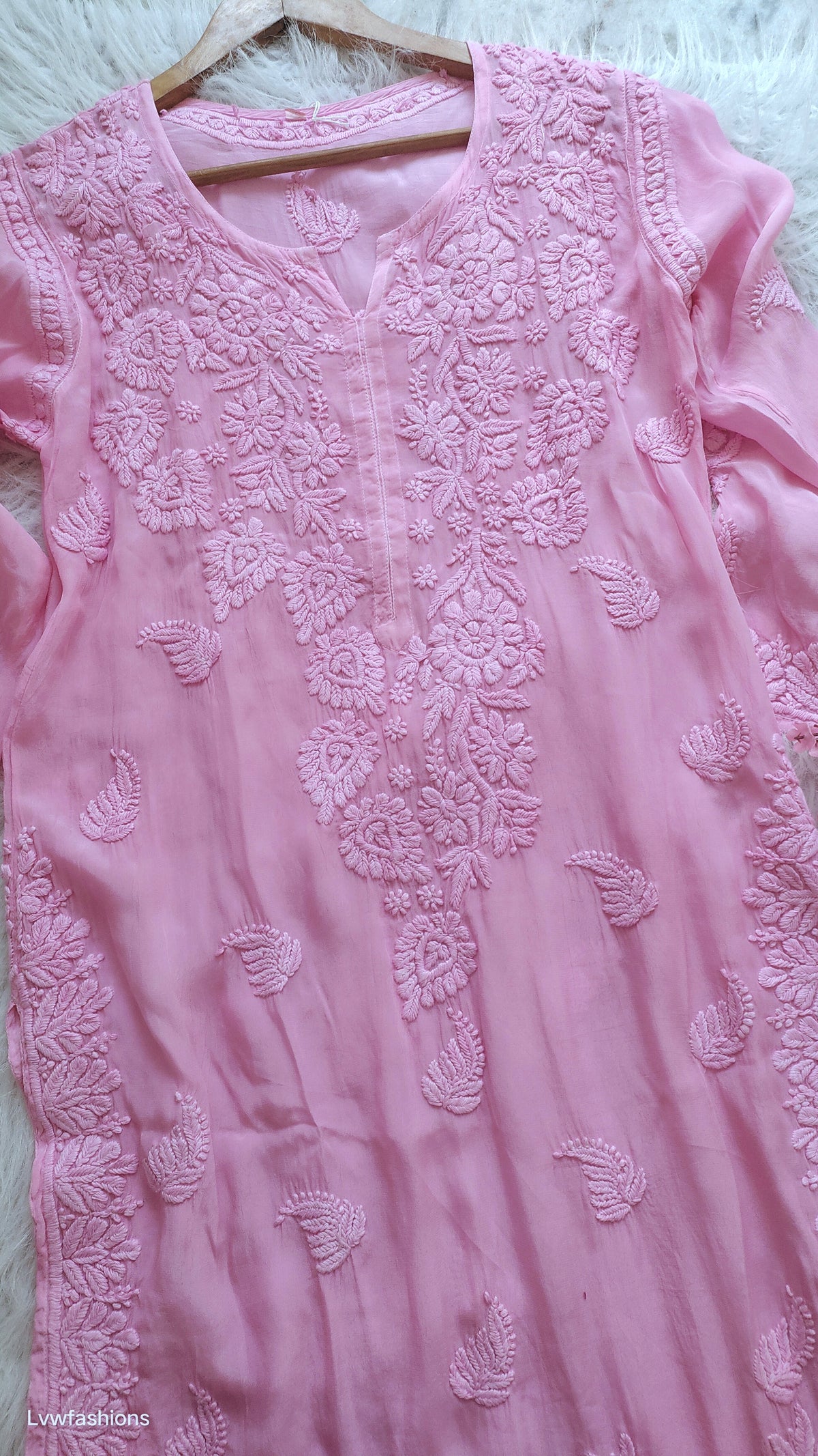 Gold Rose Mul Silk Chikankari Kurta by LVW Fashions, luxurious handmade Lucknow chikankari kurta with intricate embroidery.
