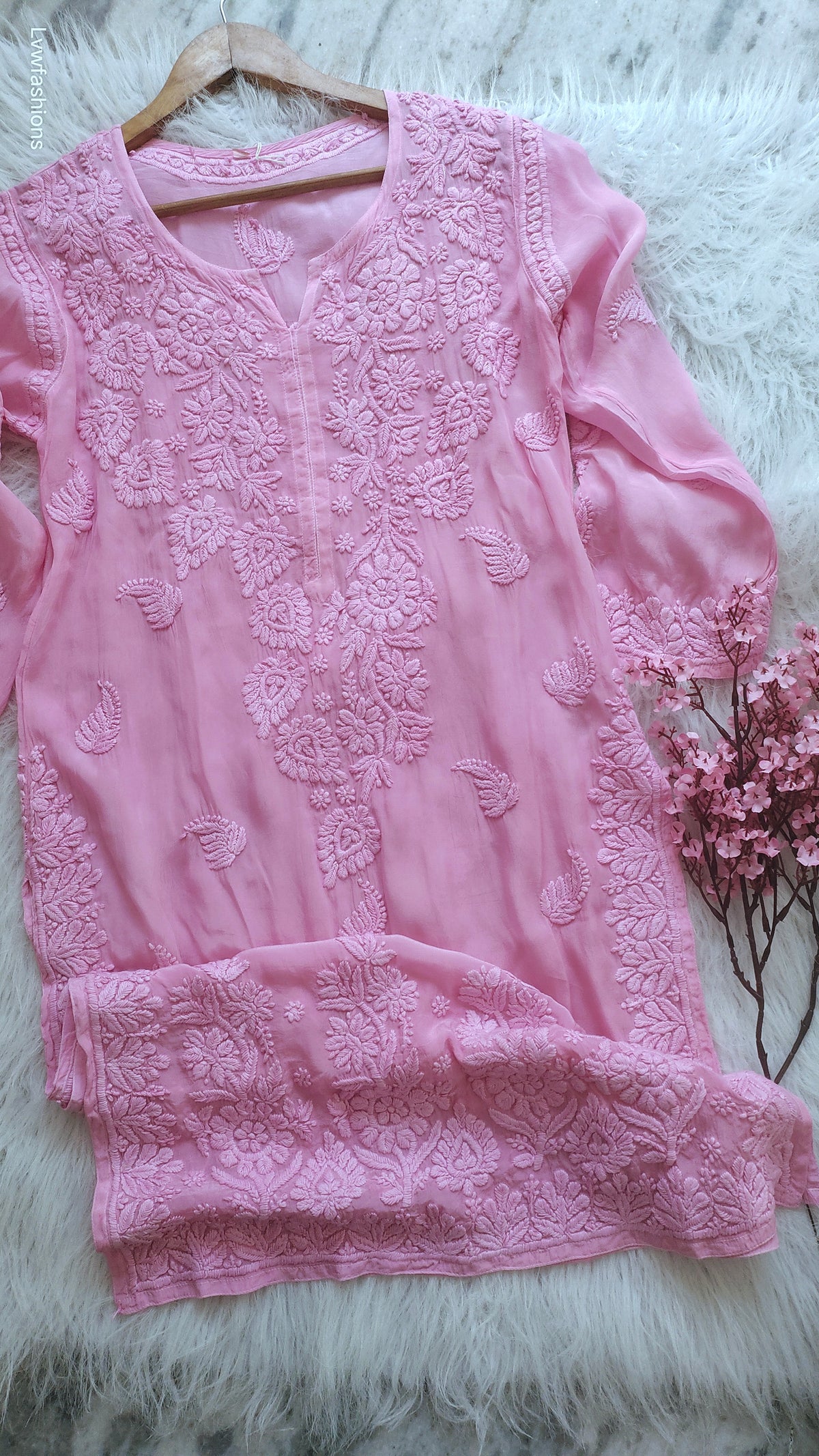 Gold Rose premium mul silk Chikankari kurta by LVW Fashions, featuring intricate handmade Lucknow embroidery and luxurious design.