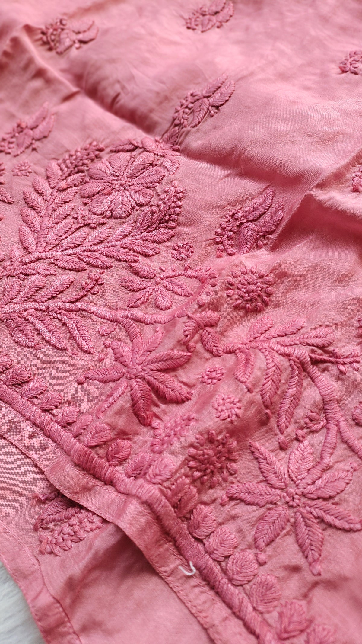 Gold Rose silk Chikankari long kurti by LVW Fashions, luxurious handmade Lucknow chikankari kurta with intricate embroidery.