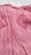 Gold rose silk Chikankari long Kurti by LVW Fashions, luxurious handmade Lucknow Chikankari kurta with intricate embroidery.