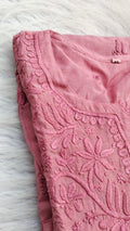 Gold rose silk Chikankari long Kurti by LVW Fashions featuring intricate handmade Lucknow embroidery and a luxurious look.