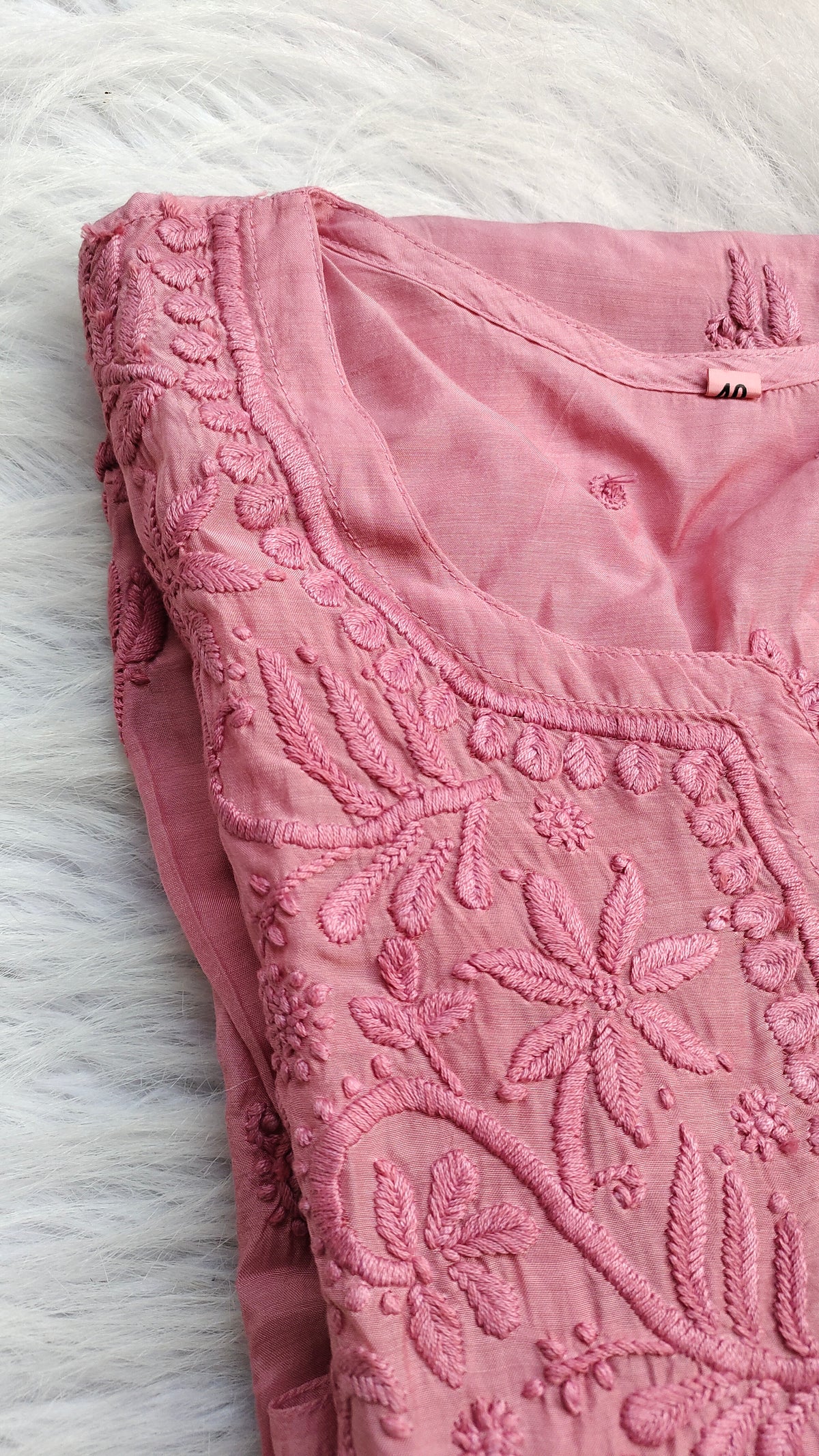 Gold rose silk Chikankari long Kurti by LVW Fashions featuring intricate handmade Lucknow embroidery and a luxurious look.