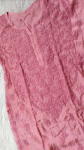 Gold Rose Silk Chikankari Long Kurti by LVW Fashions, luxurious handmade Lucknow Chikankari kurta with intricate embroidery.