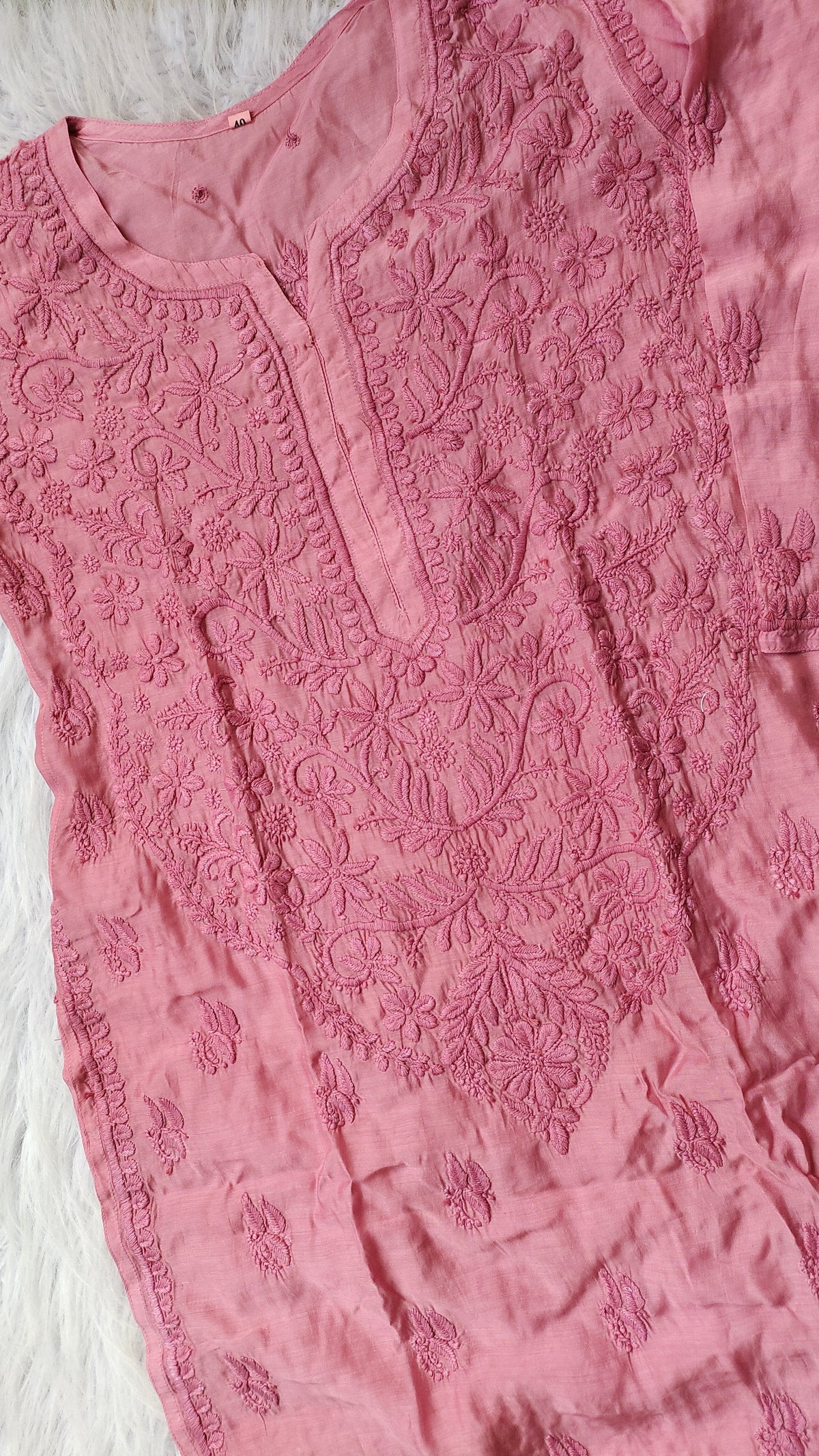 Gold Rose Silk Chikankari Long Kurti by LVW Fashions, luxurious handmade Lucknow Chikankari kurta with intricate embroidery.