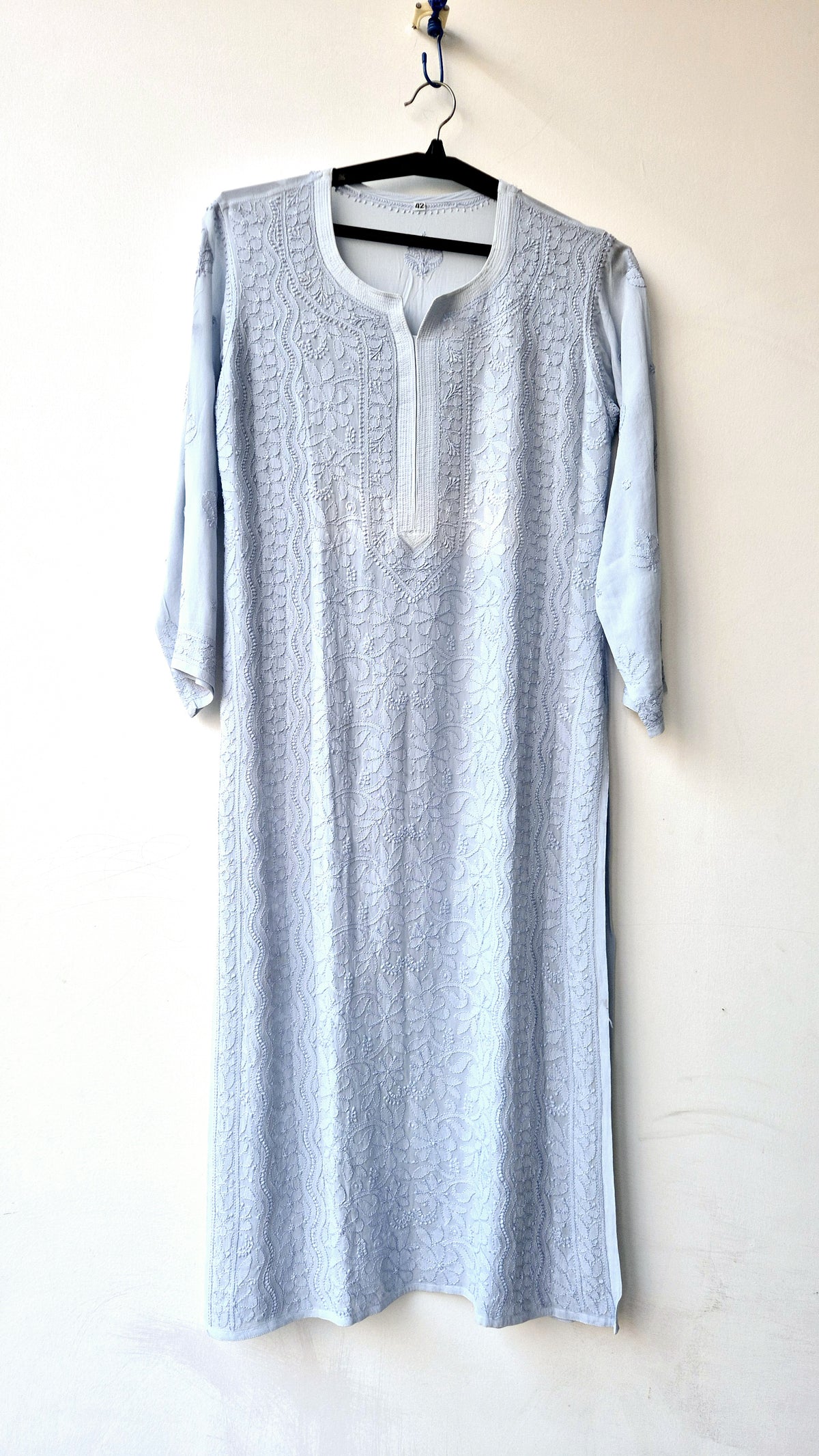 Gray premium georgette Chikankari kurta by LVW Fashions, handmade Lucknow chikankari with intricate embroidery, part of kurta set.
