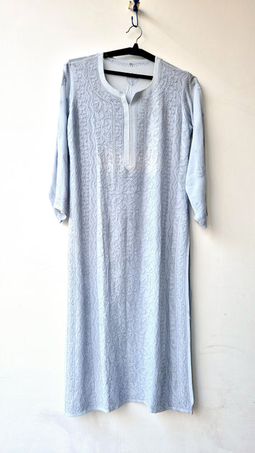 Gray premium georgette Chikankari kurta by LVW Fashions, handmade Lucknow chikankari with intricate embroidery, part of kurta set.