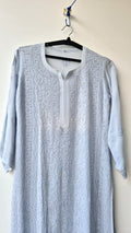 Gray premium georgette Chikankari kurta set by LVW Fashions, handcrafted Lucknow chikankari with intricate embroidery.