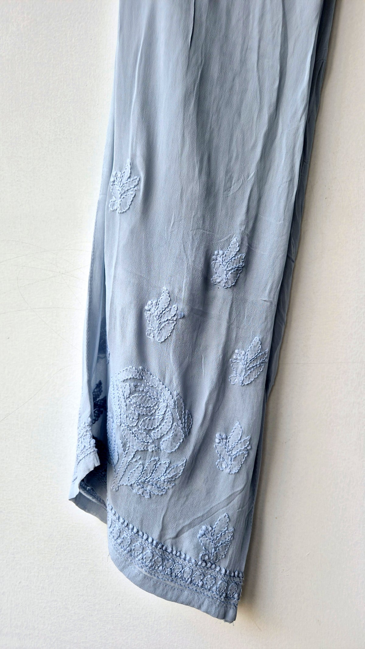 Gray premium georgette Chikankari kurta set by LVW Fashions, handcrafted Lucknow Chikankari with intricate embroidery.
