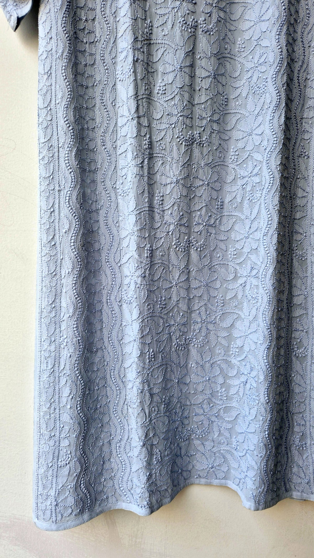 Gray premium georgette Chikankari Kurta by LVW Fashions, showcasing intricate handmade Lucknow Chikankari embroidery.