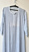 Gray premium georgette Chikankari kurta from LVW Fashions, handmade in Lucknow with intricate embroidery, part of a kurta set.