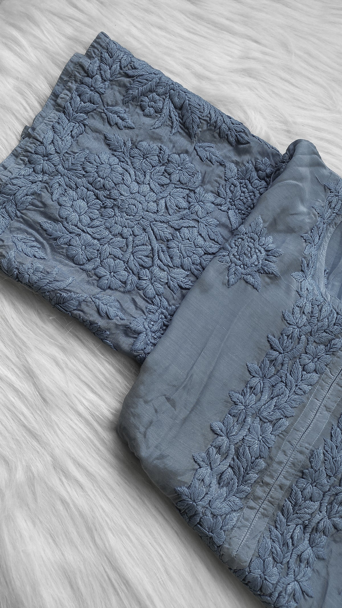 Grayish premium soft silk long Kurta with intricate handmade Chikankari embroidery by LVW Fashions, luxurious and traditional Lucknow style.