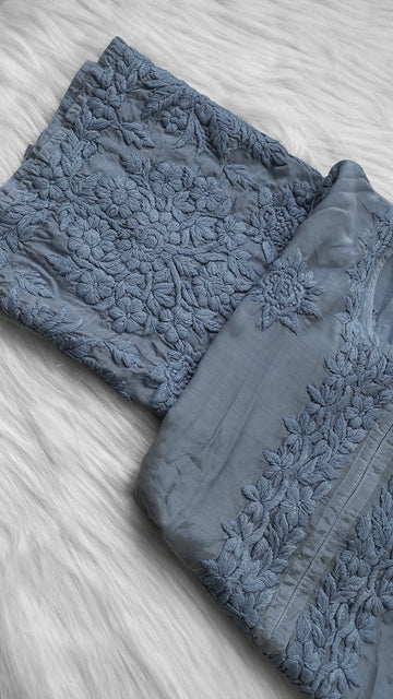 Grayish premium soft silk long Kurta with intricate handmade Chikankari embroidery by LVW Fashions, luxurious and traditional Lucknow style.