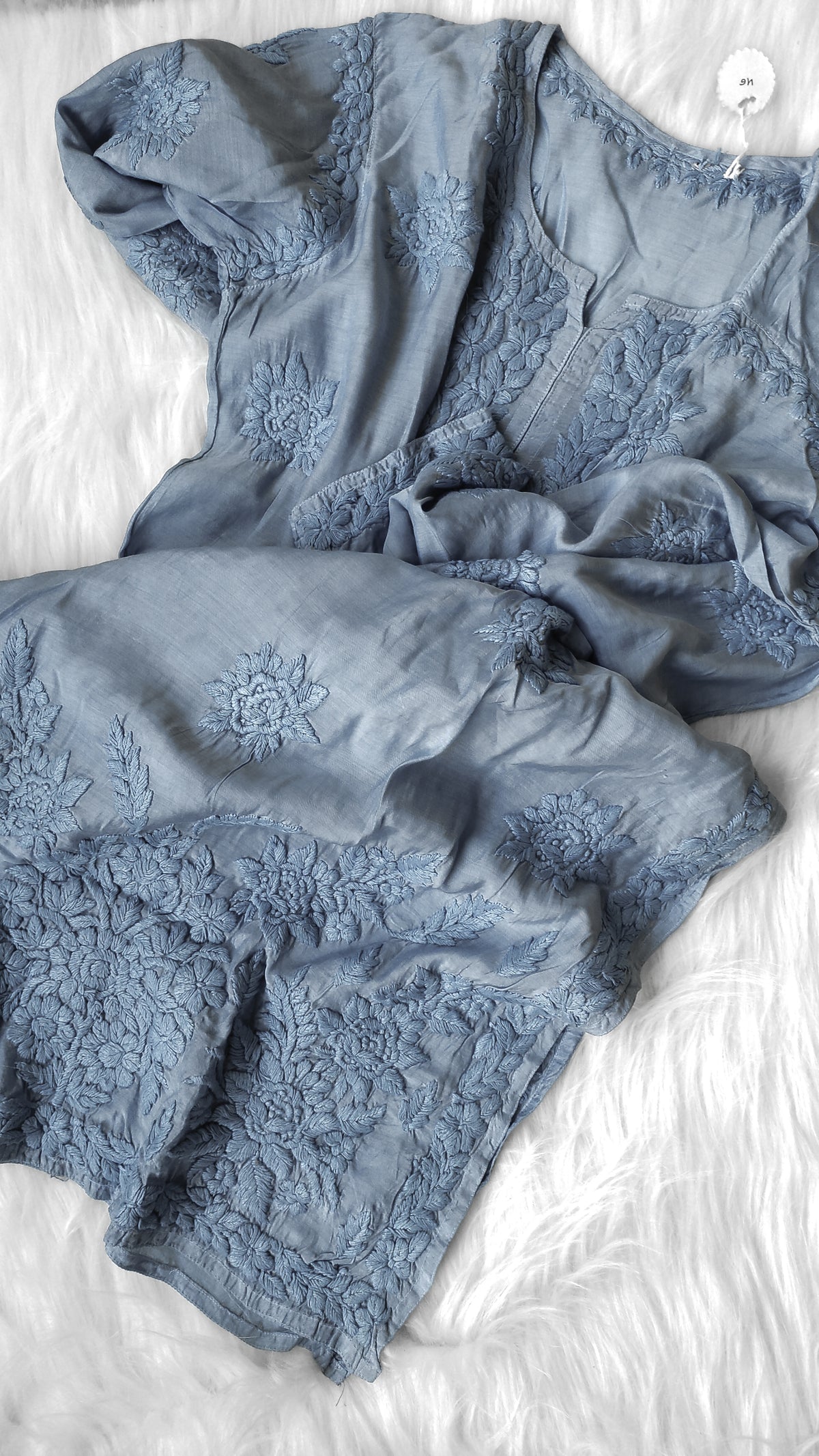 Grayish premium soft silk long Chikankari kurta by LVW Fashions, handmade in Lucknow with intricate embroidery.