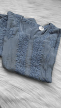 Grayish premium soft silk long kurta with intricate handmade Lucknow chikankari embroidery by LVW Fashions.