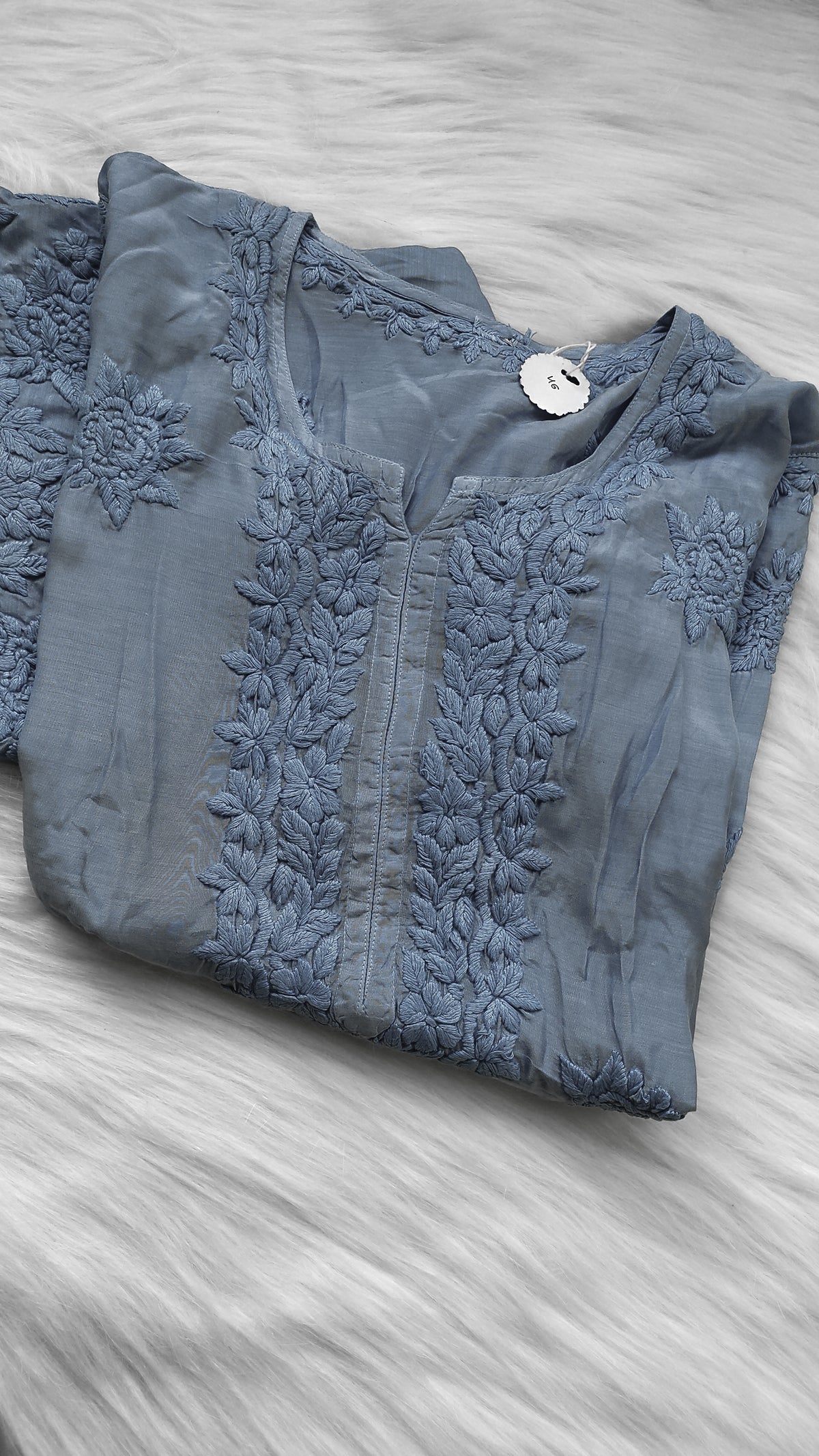 Grayish premium soft silk long kurta with intricate handmade Lucknow chikankari embroidery by LVW Fashions.