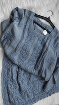Grayish premium soft silk long kurta with intricate handmade Lucknow chikankari embroidery by LVW Fashions.