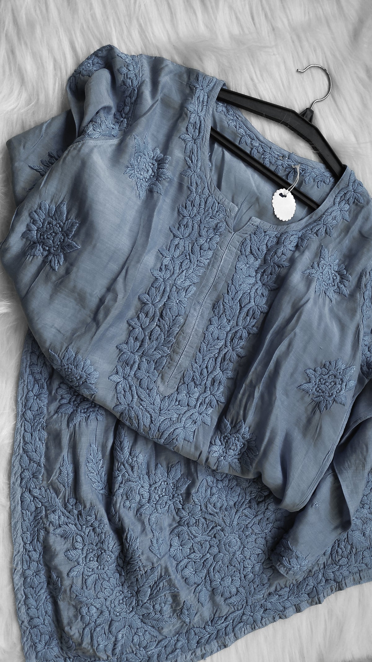 Grayish premium soft silk long kurta with intricate handmade Lucknow chikankari embroidery by LVW Fashions.