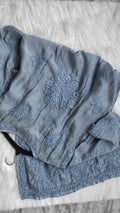 Grayish premium soft silk long Kurta with intricate handmade Lucknow Chikankari embroidery by LVW Fashions.