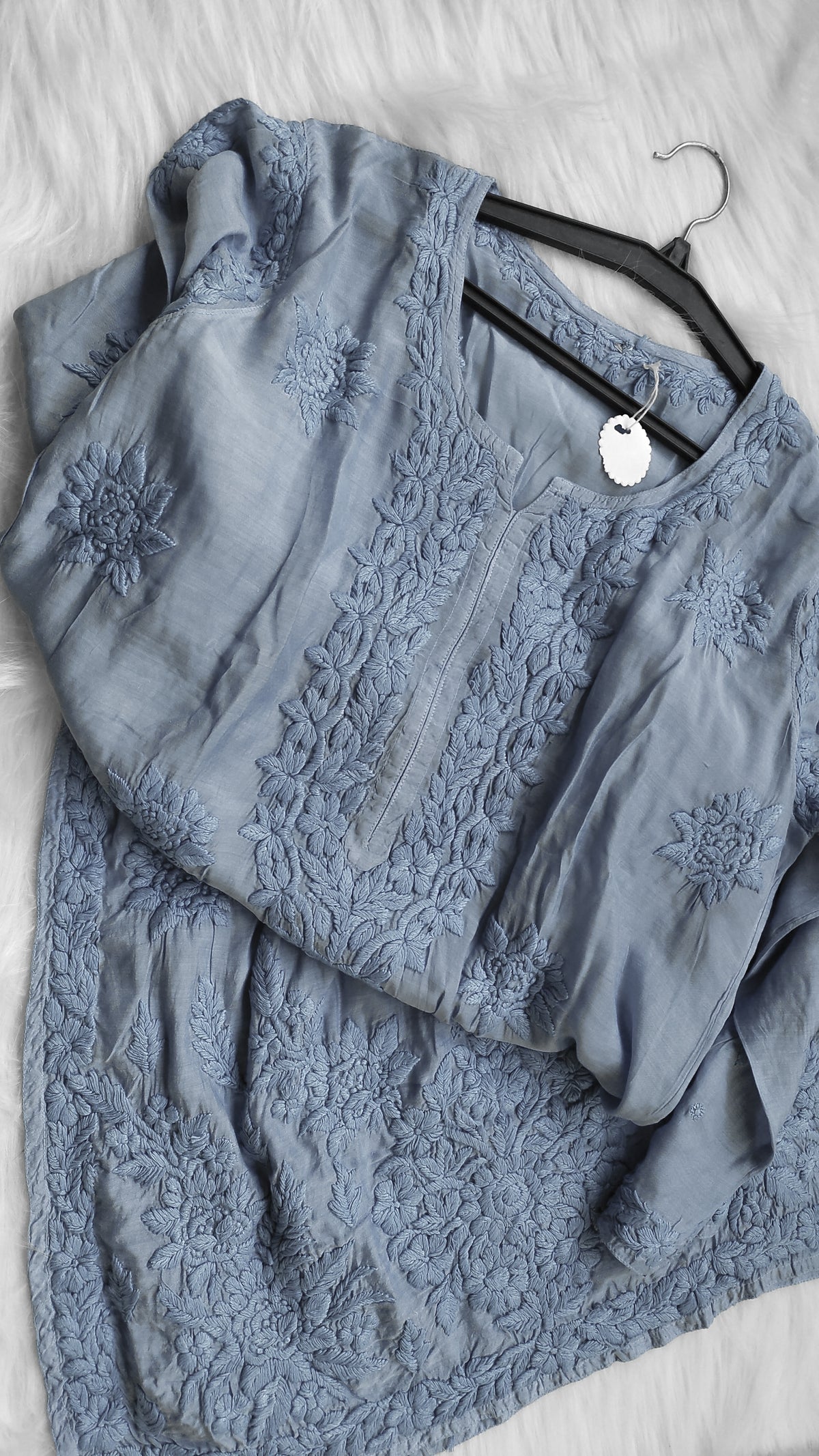 Grayish premium soft silk long kurta with intricate handmade Lucknow chikankari embroidery from LVW Fashions.