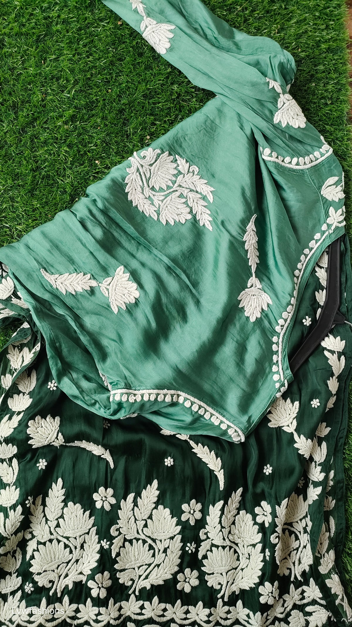 Green ombre premium silk Chikankari kurta by LVW Fashions, handmade in Lucknow with intricate embroidery and luxurious fabric.
