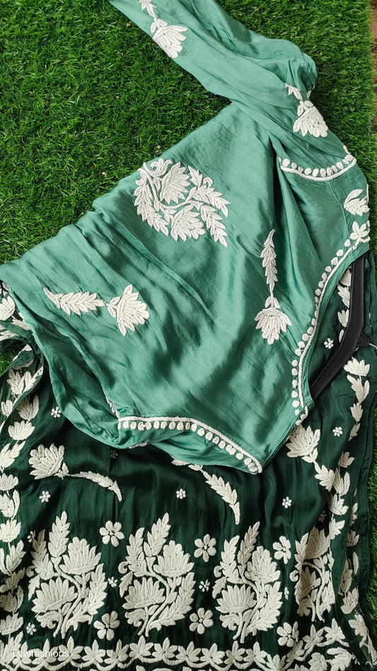 Green ombre premium silk Chikankari kurta by LVW Fashions, handmade in Lucknow with intricate embroidery and luxurious fabric.