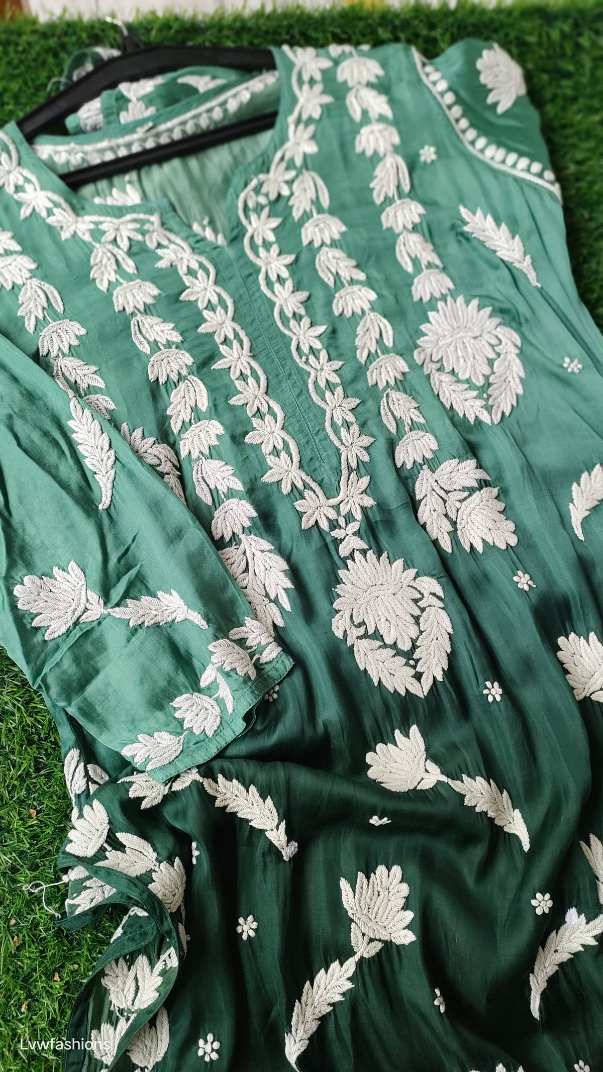 Green ombre premium silk Chikankari kurta by LVW Fashions featuring intricate handmade Lucknow embroidery.