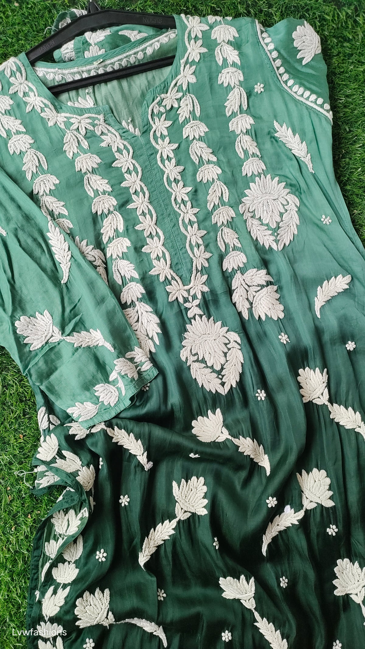 Green ombre premium silk chikankari kurta by LVW Fashions, featuring intricate handmade Lucknow chikankari embroidery.
