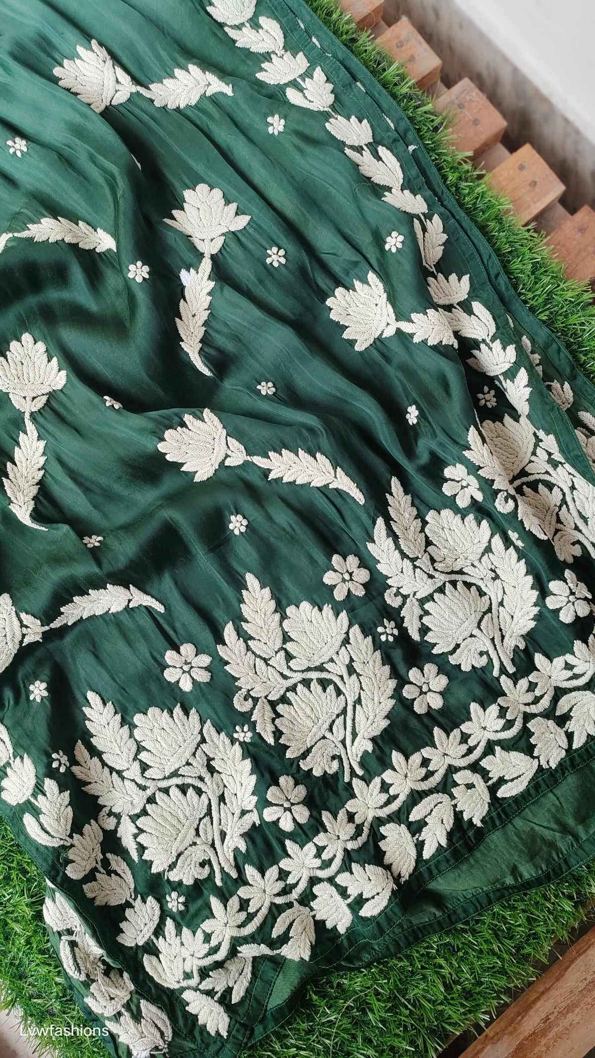 Green ombre premium silk Kurta with intricate Lucknow chikankari embroidery by LVW Fashions, showcasing luxurious handmade craftsmanship.