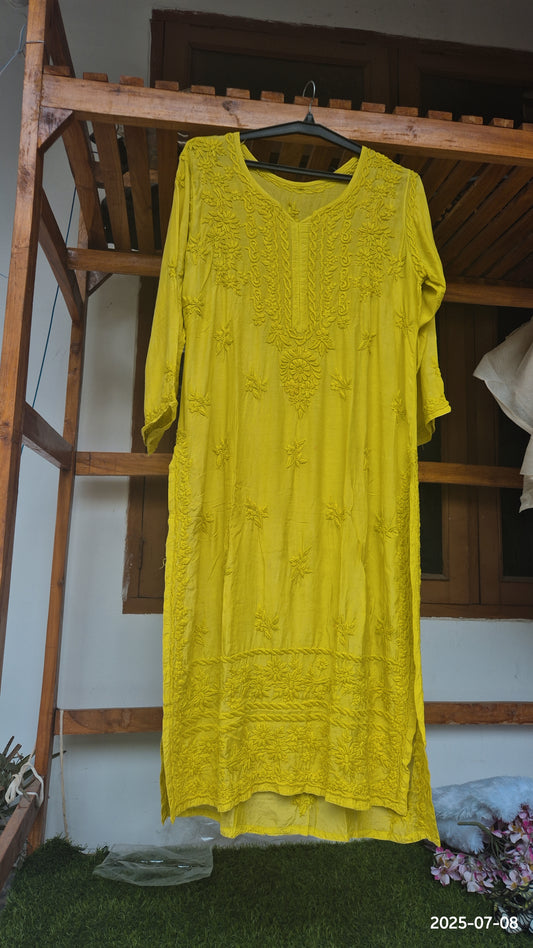 Green premium cotton silk chikankari long kurti for women by LVW Fashions, featuring intricate handmade Lucknow chikankari embroidery.